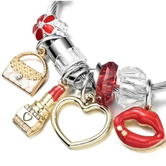 Charm Bracelet Zircon Silver Red Gold Heart Lips Lipstick - Picture 3 of 7